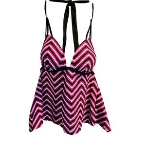 NEW SO Womens Pink Black Chevron Tankini Top Push-Up Halter Swimwear Size M